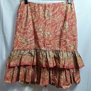 CHAPS Tiered Pull-On Midi Skirt Sz 4 Beige Red Floral Cottage Prairie Peasant